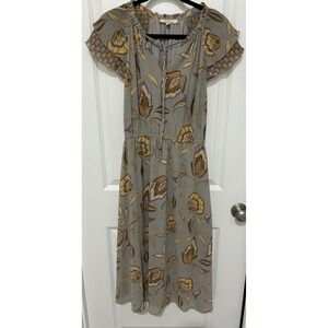 Les Serein Gray Floral Print Midi Dress Women's Size M Pleated Ruffle‎ Sleeve